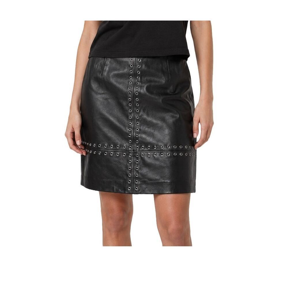 Vintage Black Lambskin Leather Pencil Skirt Studded Grommet Moto Goth Y2K Sz 10